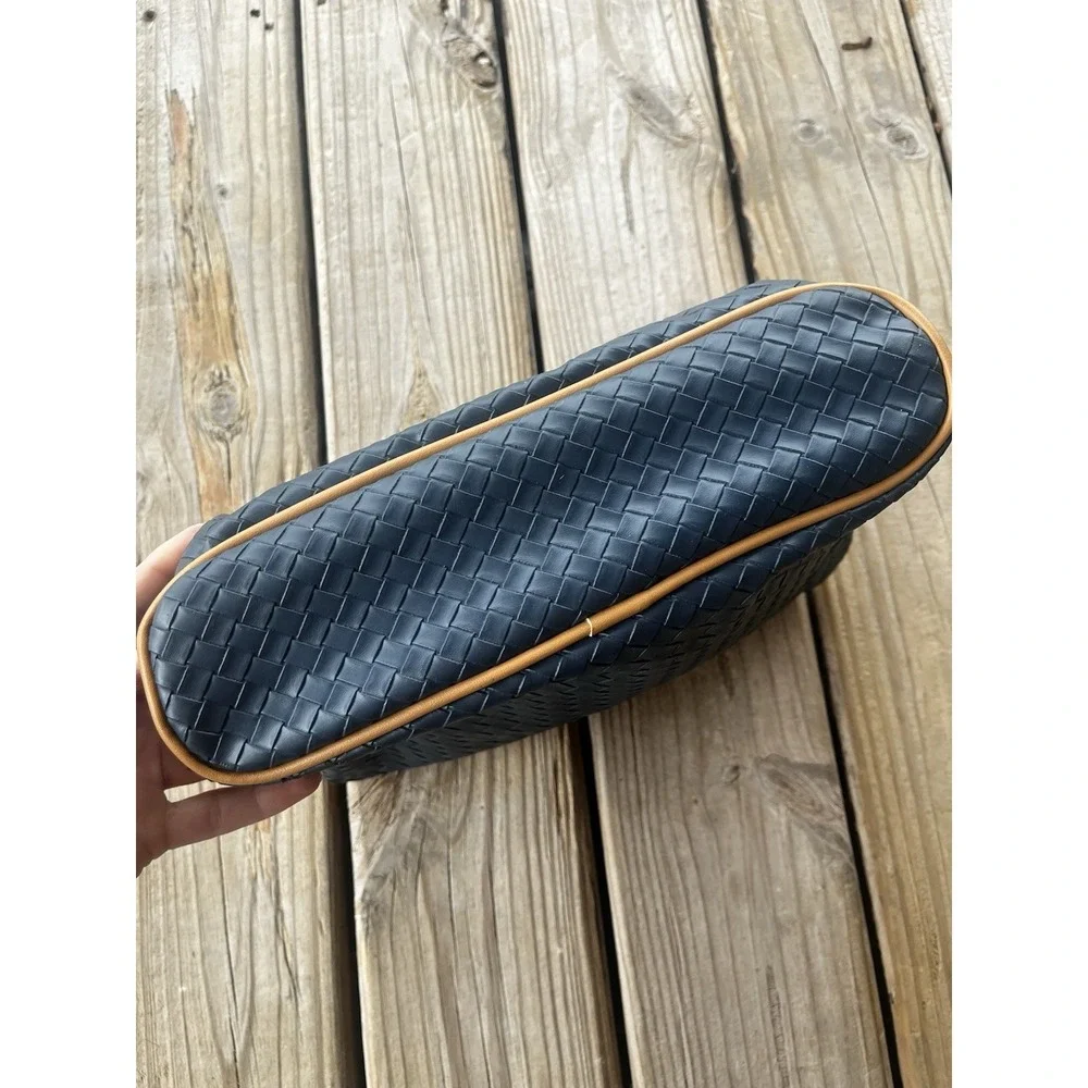 Joan &‎ David Navy Blue And Tan Woven Cosmetic Bag Makeup Toiletries